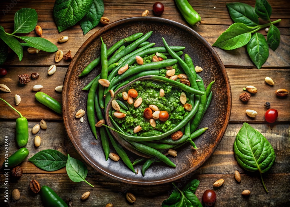 Overhead View of Fresh Green Beans with Almonds on a Rustic Plate Surrounded by Natural Elements in Double Exposure Photography Style Overhead View of Fresh Green Beans with Almonds on a Rustic Plate Surrounded by Natural Elements in Double Exposure Photography Style