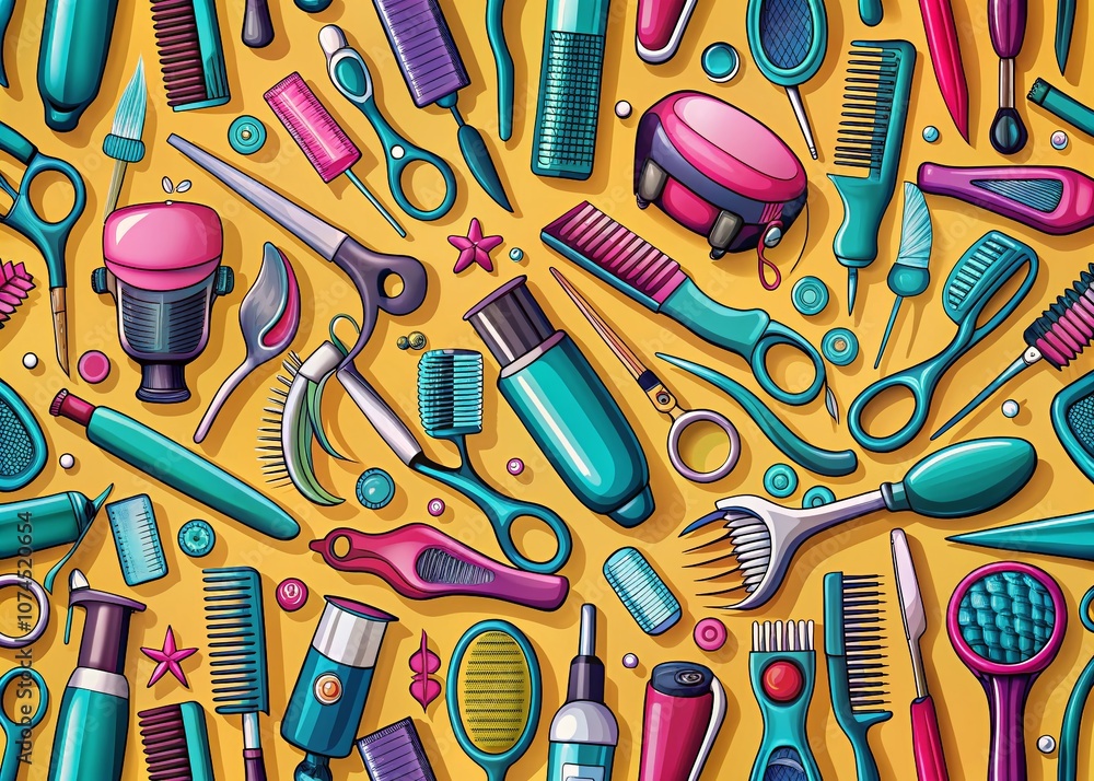 Obraz premium Panoramic Pattern of Hairdressing Tools Featuring Hairdryers, Clippers, Combs, Scissors, Hair Bulbs, Clips, and Bobby Pins for Stylish Salon Designs