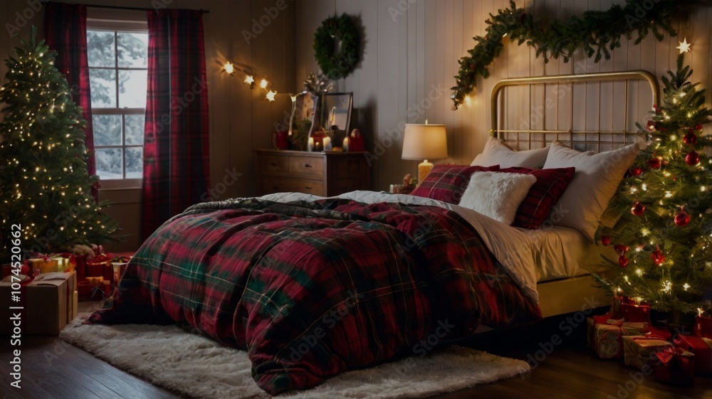 A bedroom featuring plaid linens, a small tree, twinkling lights, and a warm, cozy ambiance. A bedroom featuring plaid linens, a small tree, twinkling lights, and a warm, cozy ambiance.