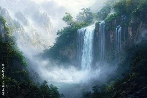 Foggy Waterfall in a Dense Forest: A majestic waterfall flowing through a dense, lush forest shrouded in fog