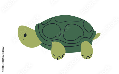 Cute turtle with shell. Happy reptile character profile. Tortoise side view. Smiling slow animal. Tropical exotic fauna. Kids childish flat graphic vector illustration isolated on white background