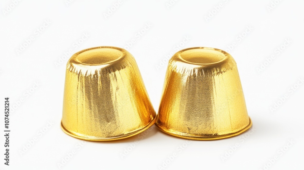 Pair of gold metal cups on a white surface Pair of gold metal cups on a white surface