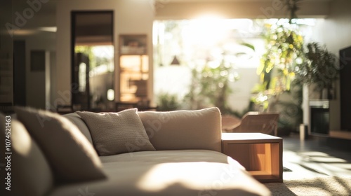 Cozy living room bathed in warm sunlight with a comfortable couch and green plants in the background