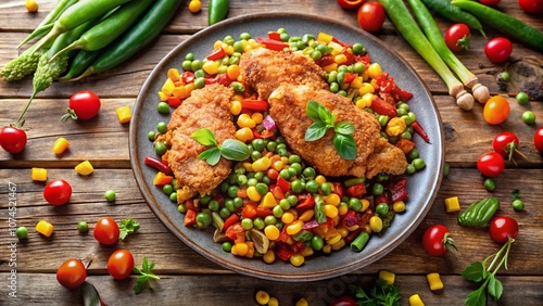 Panoramic View of Crispy Fried Chicken Served with Colorful Succotash on a Rustic Wooden Table, Highlighting the Perfect Summer Meal for Food Lovers and Home Chefs photo