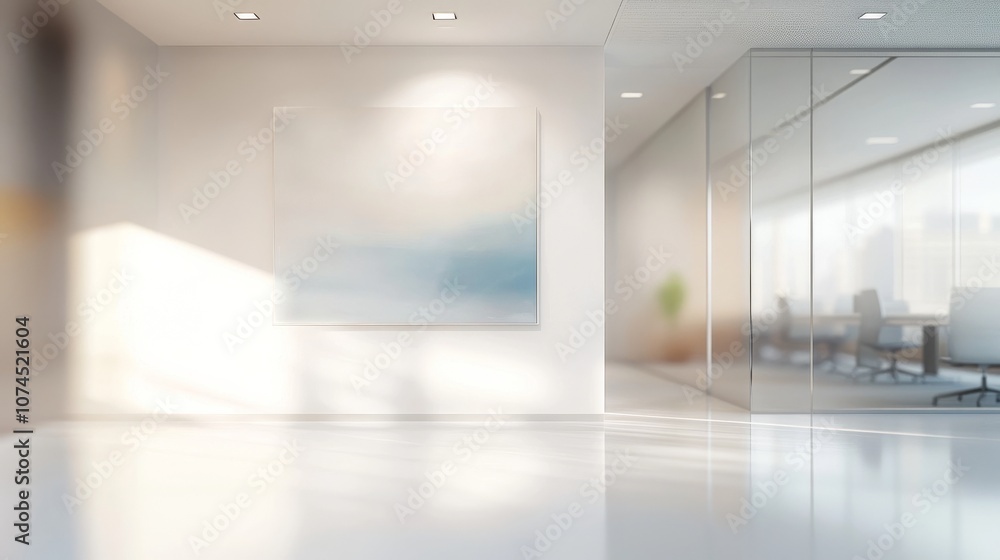 Bright and airy modern office interior with abstract artwork and glass walls in a quiet workspace during daylight hours Bright and airy modern office interior with abstract artwork and glass walls in a quiet workspace during daylight hours