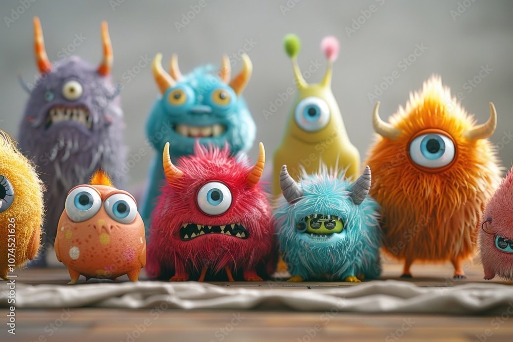 Group of plastic toy monsters sitting on the floor or shelf, perfect for fantasy-themed illustrations and designs Group of plastic toy monsters sitting on the floor or shelf, perfect for fantasy-themed illustrations and designs