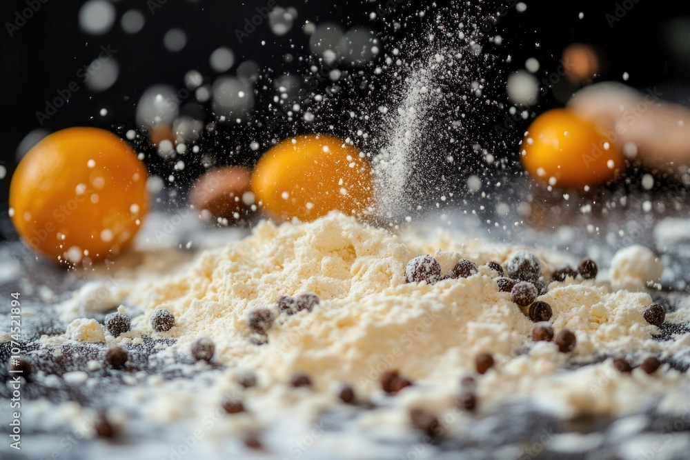 A pile of white flour with oranges visible in the background, great for food or bakery-themed illustrations A pile of white flour with oranges visible in the background, great for food or bakery-themed illustrations