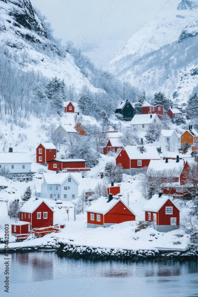A small town surrounded by snow and snow-covered trees, with a body of water visible in the background A small town surrounded by snow and snow-covered trees, with a body of water visible in the background