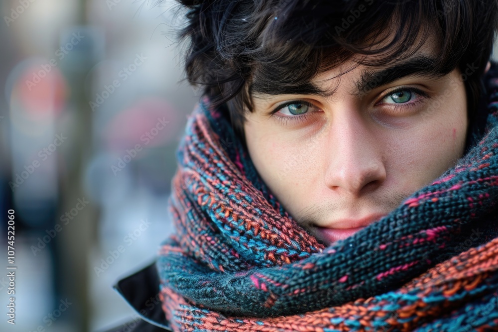 A person wearing a scarf around their neck, possibly for warmth or fashion A person wearing a scarf around their neck, possibly for warmth or fashion