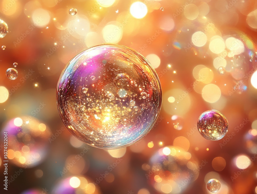 Colorful bubbles floating in a dreamy, shimmering background of soft bokeh lights. Colorful bubbles floating in a dreamy, shimmering background of soft bokeh lights.