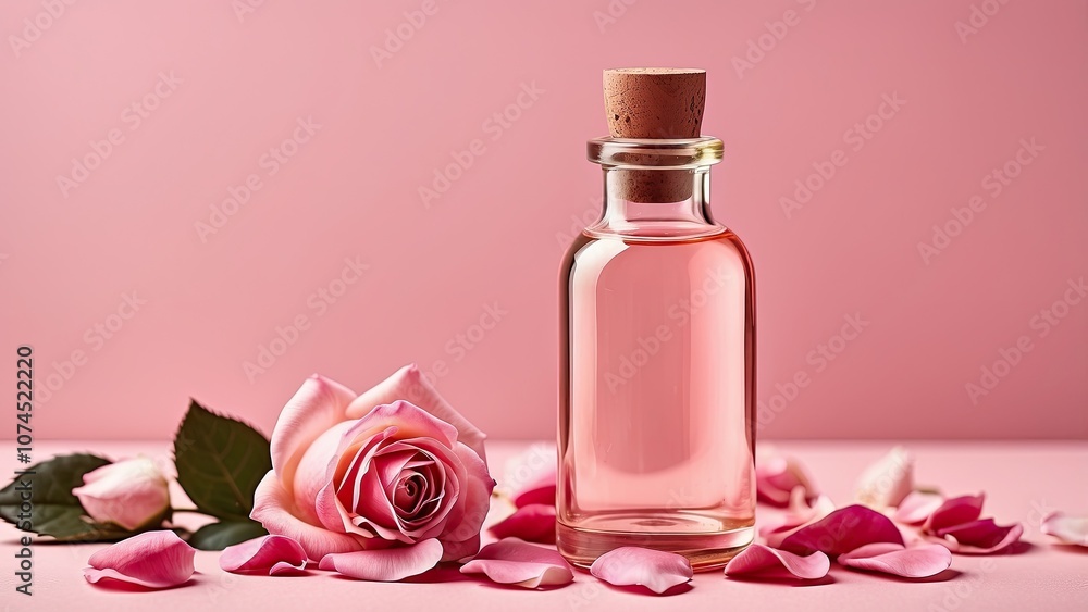 A glass bottle of rose essential oil with rose petals against a pink backdrop- A glass bottle of rose essential oil with rose petals against a pink backdrop-