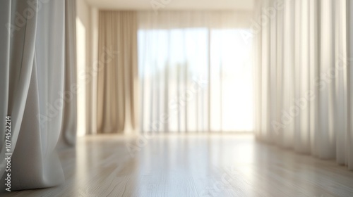 A sunlit room with sheer curtains and polished wooden floors captured in soft focus during the daytime