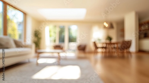 Modern living room interior with natural light and cozy furniture, showcasing warm tones and a tranquil atmosphere during daylight hours