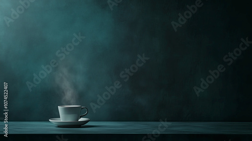 Enjoy the warmth of a steaming cup of coffee set against a dark calming background