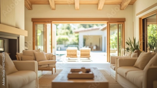 Serene living room with modern decor and open views to a sunny patio in a tranquil home setting