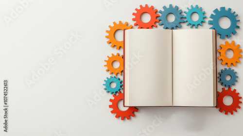 An open book surrounded by colorful gears, symbolizing creativity and innovation.