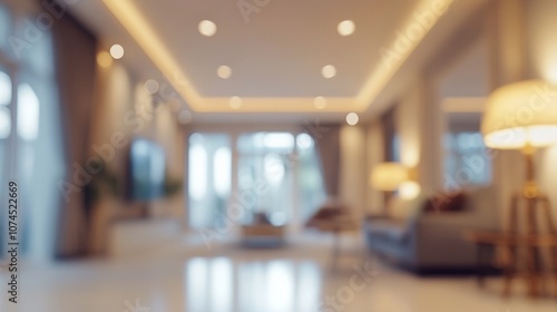 A cozy living room with a modern design, soft lighting, and a lounge area captured in a softly blurred background