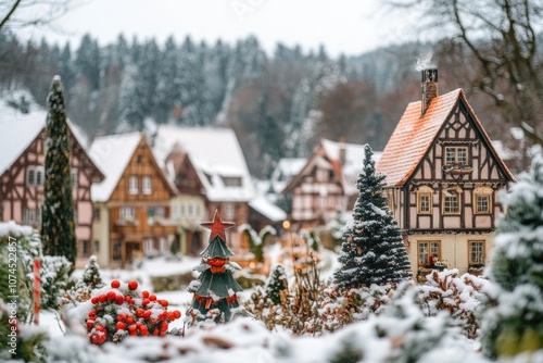 A picturesque small town scene with heavy snowfall, ideal for winter-themed projects and stock photography photo