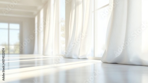 Sunlight streaming through sheer white curtains in a bright, airy room with light wooden flooring during the afternoon