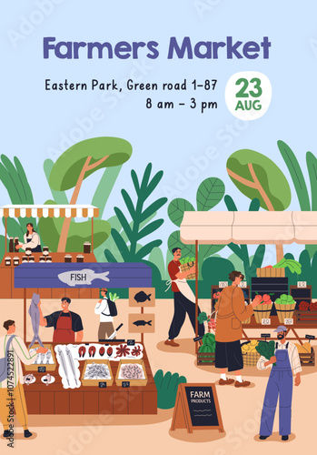 Farmers market, poster design. Local farm fair, festival with natural food, organic produce. Outdoor marketplace, promotion card, flyer, vertical banner background template. Flat vector illustration