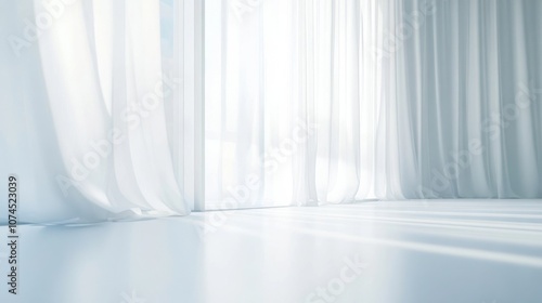 Soft morning light filters through delicate white curtains in a serene, minimalist room