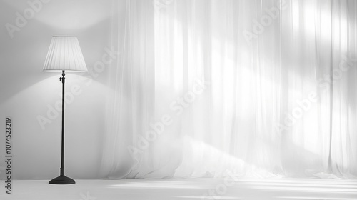 A stylish floor lamp stands beside flowing white curtains in a serene indoor setting filled with soft, diffused light