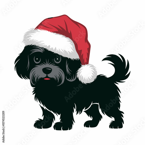 Adorable Black Dog in Santa Hat Illustration