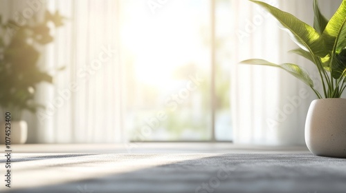 Bright indoor setting with potted plants, soft light filtering through curtains, creating a serene atmosphere during the morning