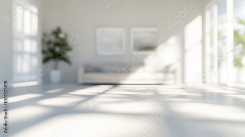 Bright and airy living room with soft shadows and greenery in a modern interior design, captured in a blurred background