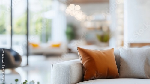 Cozy orange pillow on a modern sofa in a stylish living room with a blurred background of a bright, open space during the day