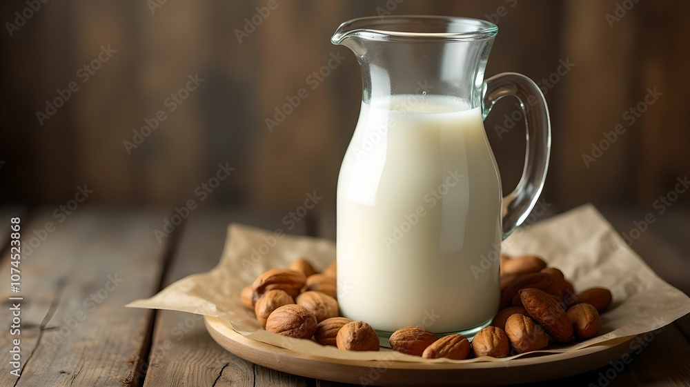 Milk in a clear jug with nuts placed on a rustic table Milk in a clear jug with nuts placed on a rustic table