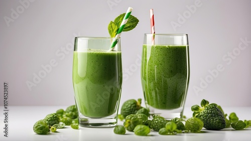 An isolated image of a green smoothie glass with straws on a white photo