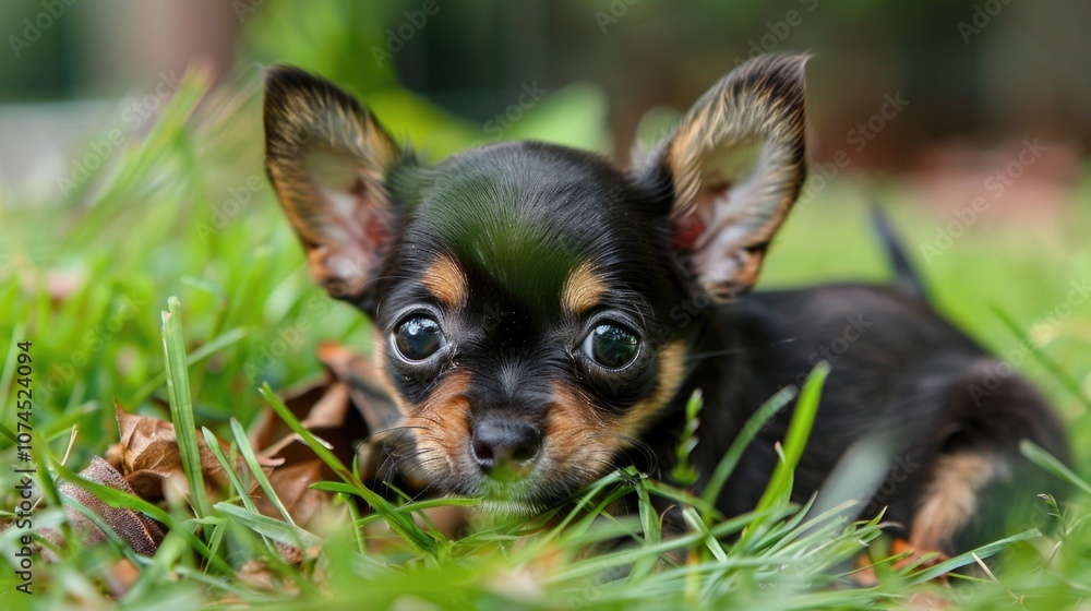 A small canine relaxes in a lush green meadow