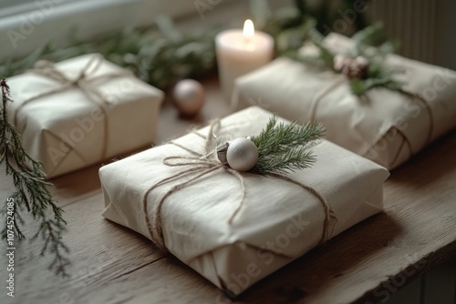 A pair of gifts wrapped in colorful paper and ribbons, placed on a table