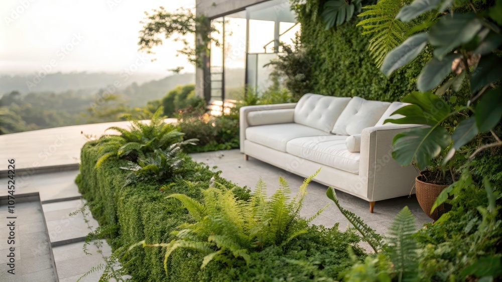 Obraz premium Modern White Sofa in a Lush Green Biophilic Space with Tilt-Shift Photography for Interior Design Inspiration and Nature Integration