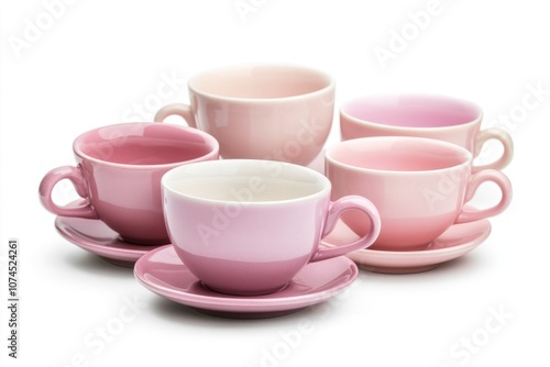 A collection of pink cups and saucers arranged neatly on a white surface