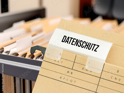 Ein Aktenschrank mit Aktenordnern und eine Ordner mit dem Aufdruck Datenschutz photo