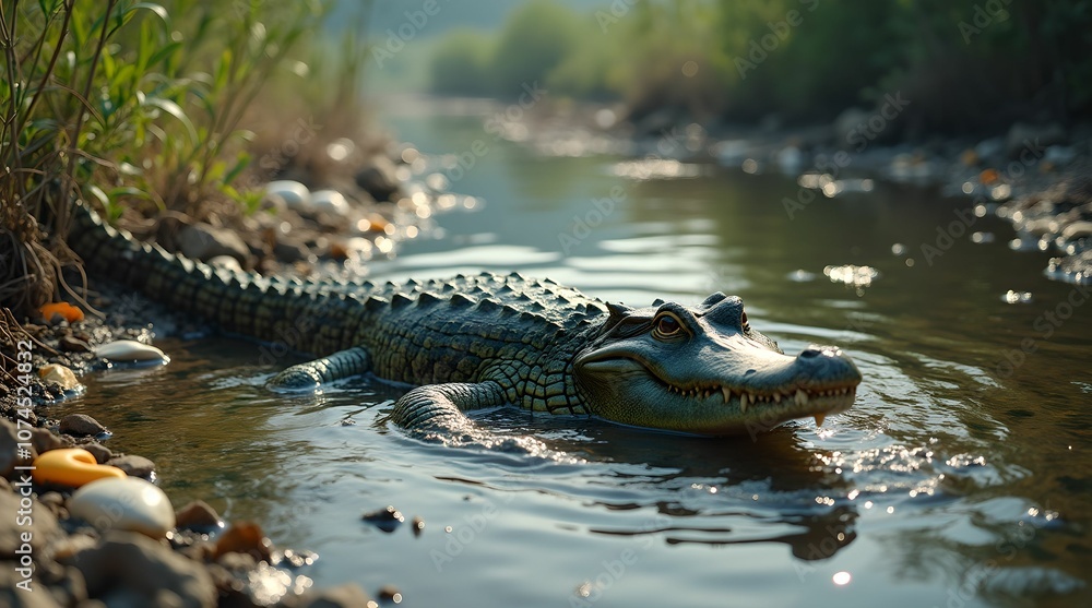 Fototapeta premium Crocodile swims in a polluted river. Concept of ecological disaster .