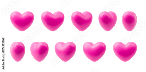 Animated pink heart sequence sprite sheet. Rotation vector heart set. 3D love symbol turn around for video effect. Spin glossy heart Valentine, wedding, love letter. Realistic illustration on white