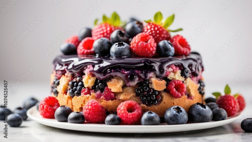 Fresh berries and blueberry cake on a platter, isolated against a white Fresh berries and blueberry cake on a platter, isolated against a white