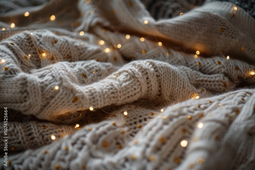 A cozy bed with a blanket lit up by string lights, perfect for a romantic evening or a unique bedroom decoration A cozy bed with a blanket lit up by string lights, perfect for a romantic evening or a unique bedroom decoration
