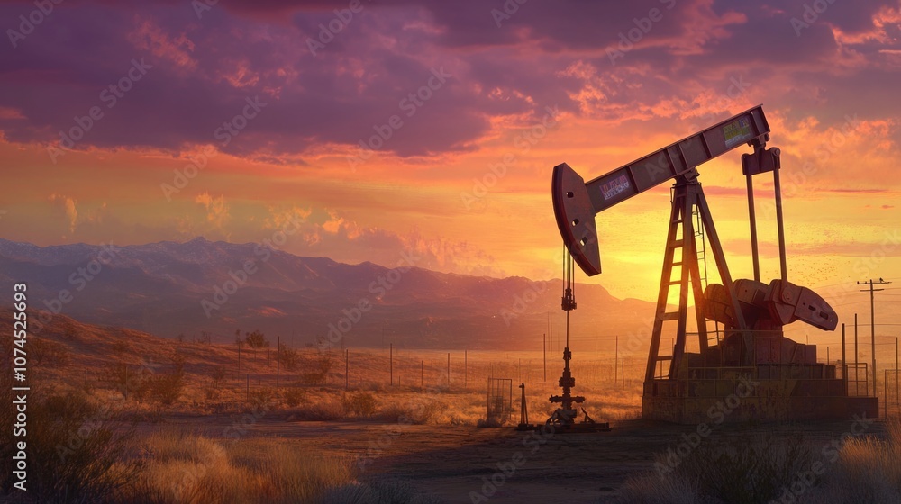 A single oil pump stands in a desert landscape at sunset A single oil pump stands in a desert landscape at sunset