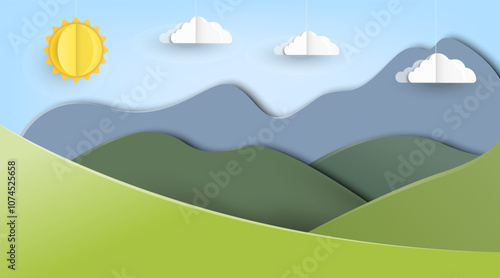 A Sunny Landscape with Mountains and Fluffy Clouds in a Charming Paper Cut Style