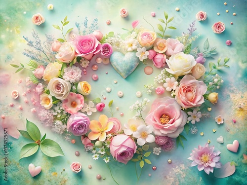 Romantic Watercolor Valentine’s Day Artwork Featuring Heart Shapes, Soft Hues, and Floral Elements for Celebrating Love and Affection in a Dreamy Artistic Style