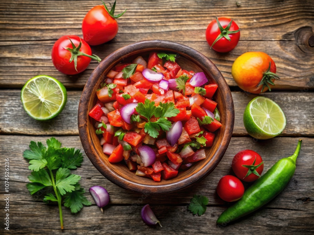 Rustic Salsa Dip in Ceramic Bowl on Wooden Table - Traditional Pico de Gallo Ingredients with Tomato, Onion, Lime, Cilantro, and Jalapeno Pepper - Authentic Mexican Sauce Photography Rustic Salsa Dip in Ceramic Bowl on Wooden Table - Traditional Pico de Gallo Ingredients with Tomato, Onion, Lime, Cilantro, and Jalapeno Pepper - Authentic Mexican Sauce Photography