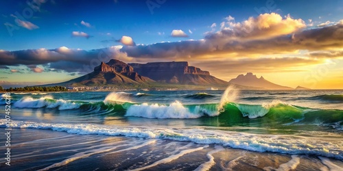 Scenic Tilt-Shift View of Table Mountain from Blouberg Strand, Cape Town, Showcasing Splashes of Waves Against a Breathtaking Coastal Landscape in South Africa