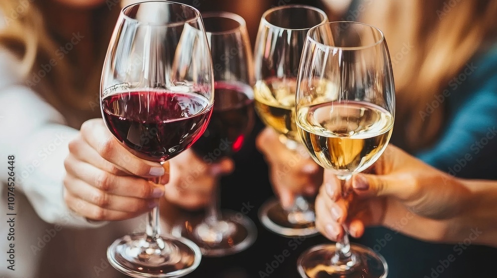 Friends joyfully toasting with glasses of red and white wine at a cheerful gathering celebrating special moments Friends joyfully toasting with glasses of red and white wine at a cheerful gathering celebrating special moments