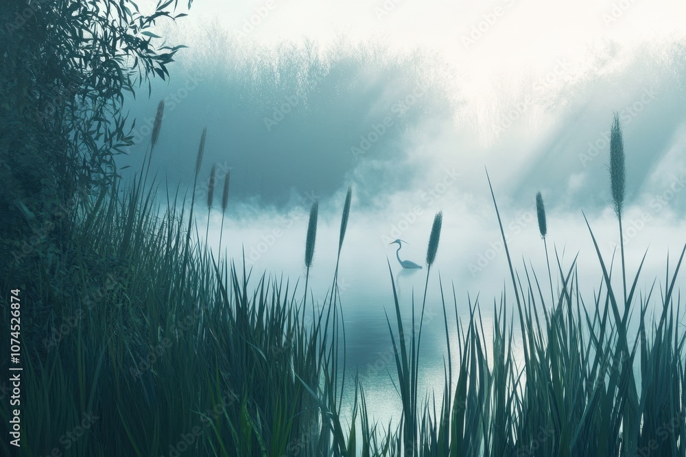 Grassy Marshland with Fog A heron stands silently in the distance Grassy Marshland with Fog A heron stands silently in the distance