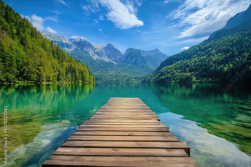 A wooden dock extends into a serene lake, surrounded by majestic mountains