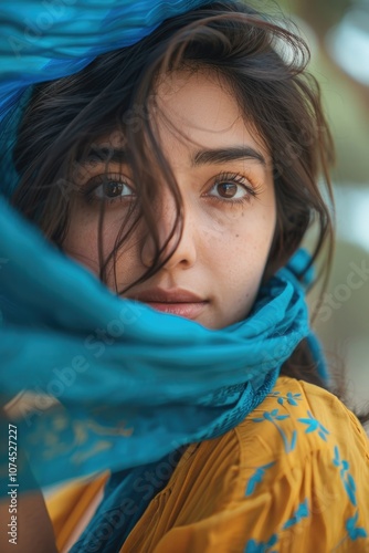 Close-up of a person wearing a scarf, useful for fashion or lifestyle photography photo